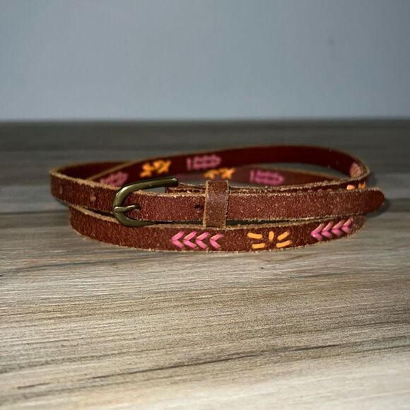 J. Crew Skinny Leather Belt Women Small Hot Pink Orange Brown Gold Tone Buckle - Picture 1 of 7